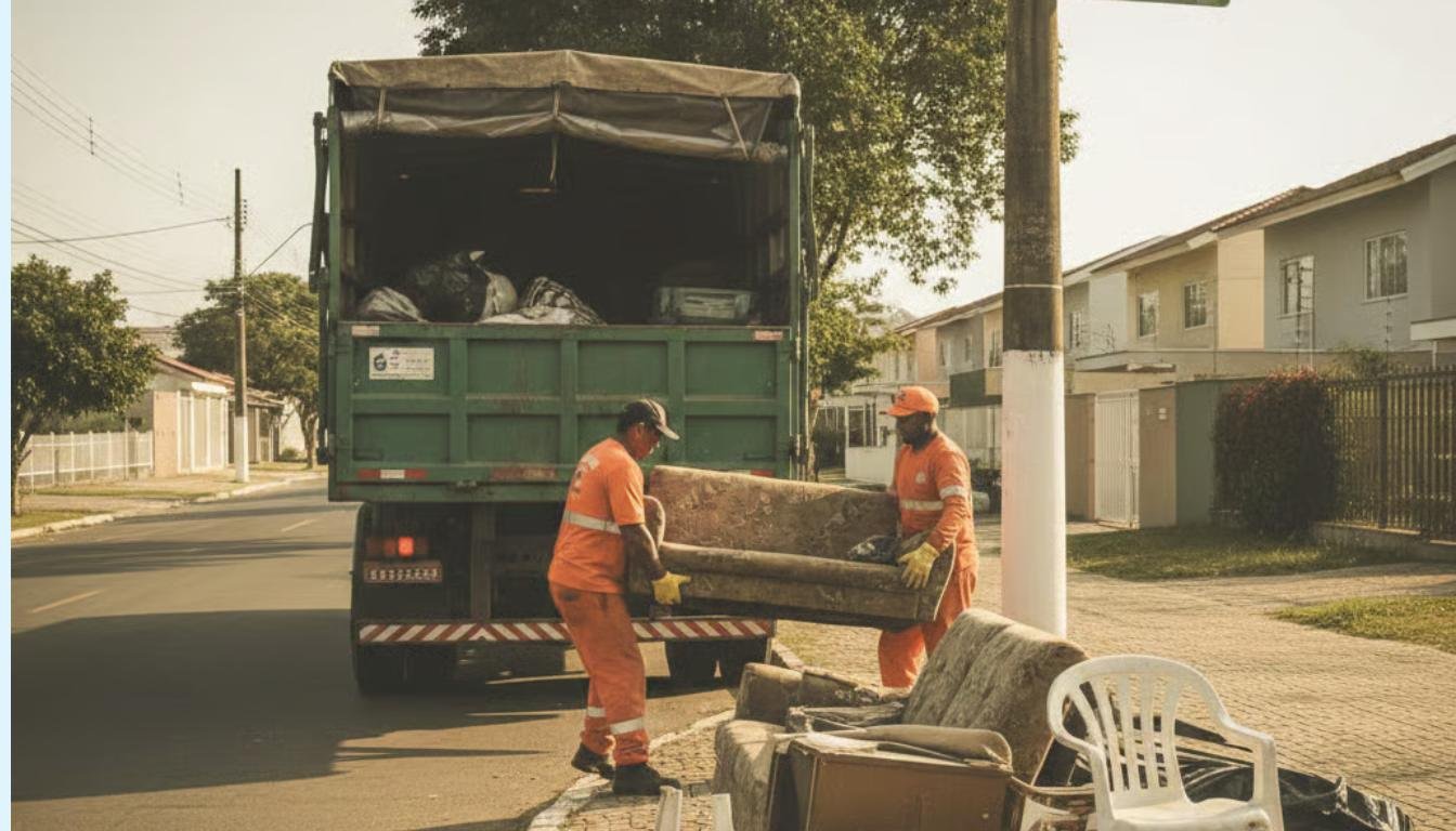 Pilha organizada de móveis de madeira usados e materiais recicláveis dispostos de forma ordenada na calçada de uma rua residencial arborizada, com luz suave da manhã e um caminhão de serviço urbano desfocado se aproximando ao fundo, transmitindo sensação de limpeza, cuidado e cidadania.