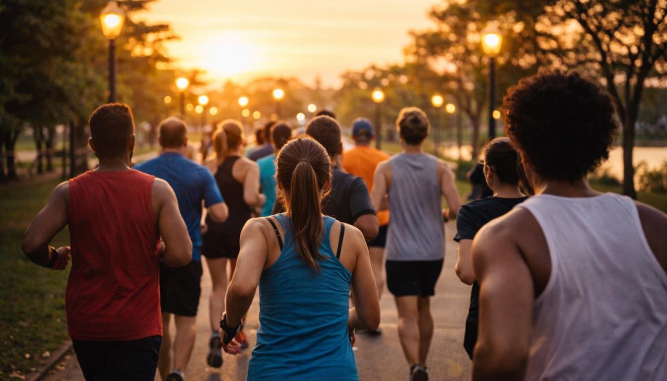 Grupo diverso de pessoas correndo juntas no Parque Ecológico de Indaiatuba ao pôr do sol, visto por trás, com luz dourada da golden hour e postes de iluminação acesos ao fundo, transmitindo sensação de energia, movimento e comunidade.