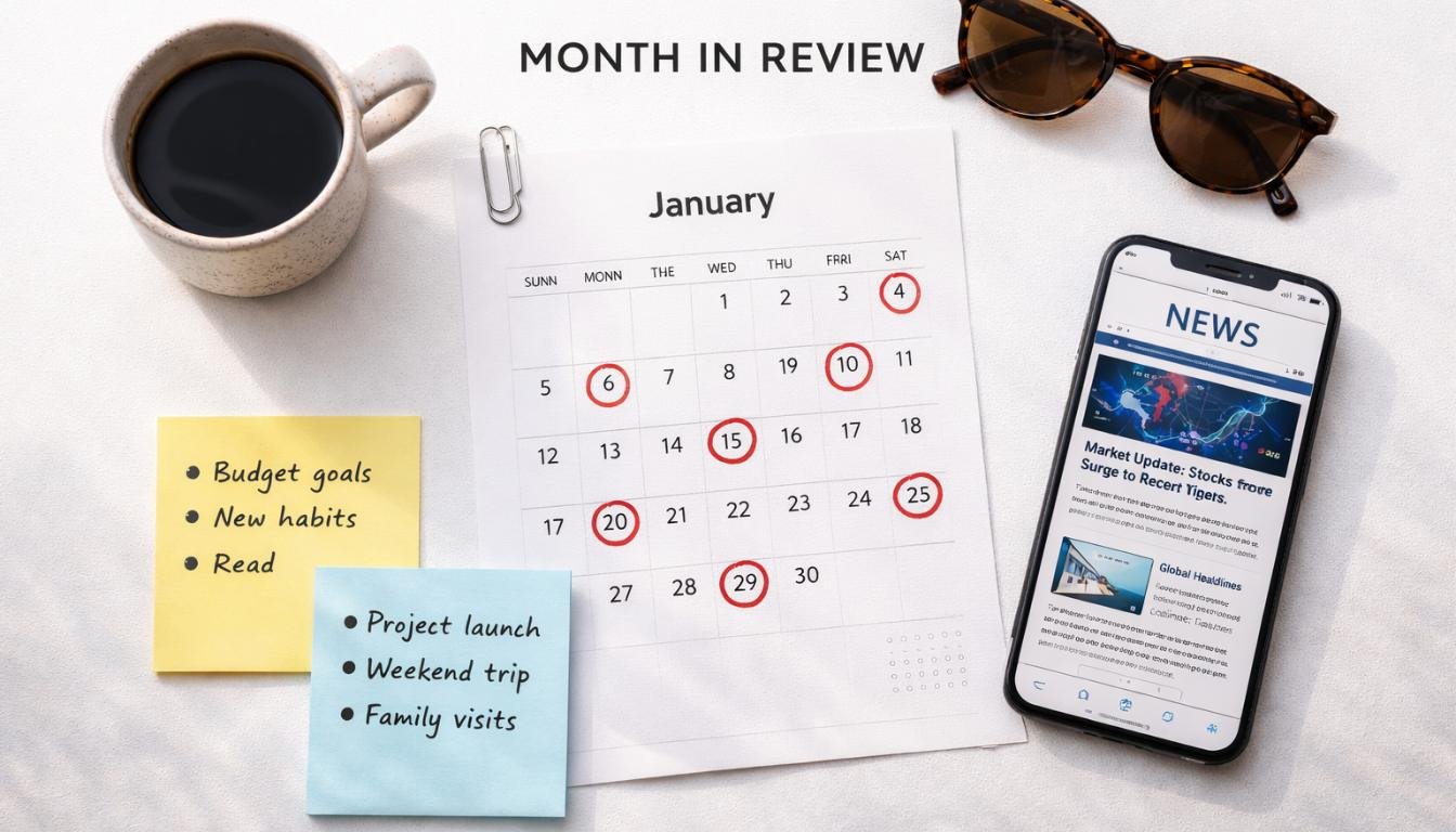 Composição flat lay criativa sobre fundo branco mostrando um “Month in Review” de janeiro, com uma página de calendário de janeiro de 2026 com datas circuladas em vermelho, um smartphone exibindo um aplicativo de notícias, óculos de sol, uma xícara de café e post-its com anotações em tópicos, em iluminação clara e organizada.