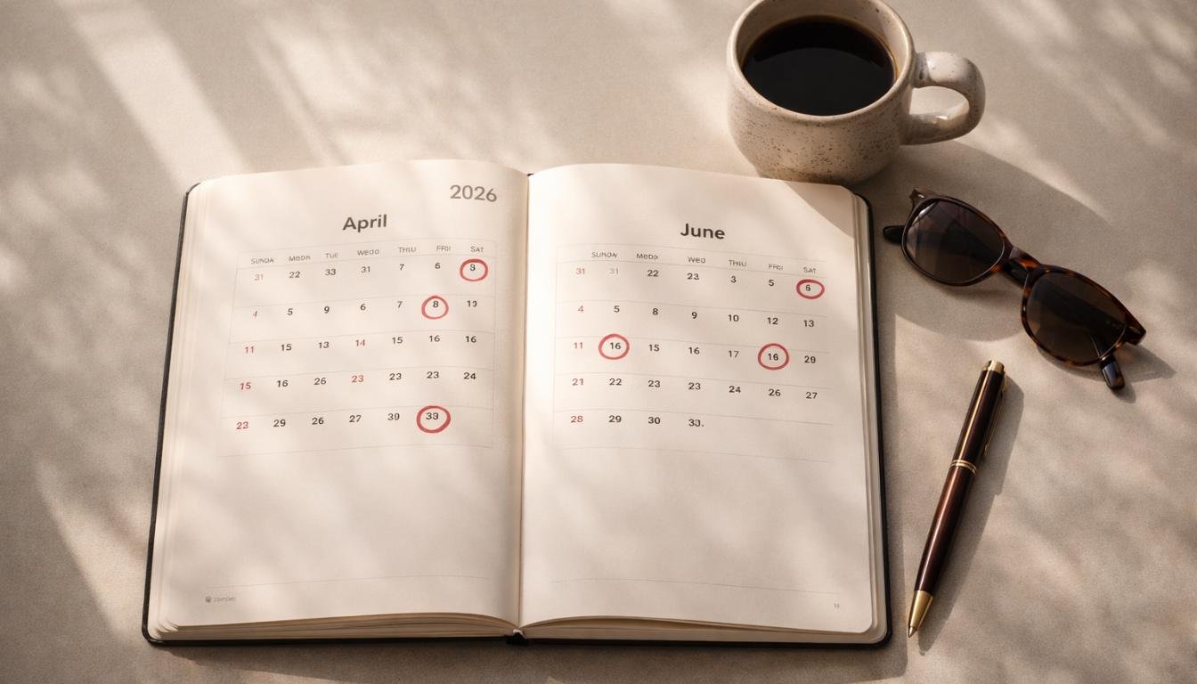 Vista superior de uma mesa minimalista com um planner aberto de 2026 mostrando os meses de abril e junho com datas marcadas em vermelho, ao lado de uma caneca de café, uma caneta elegante e um par de óculos de sol, iluminados por luz natural que entra pela janela e cria sombras suaves.