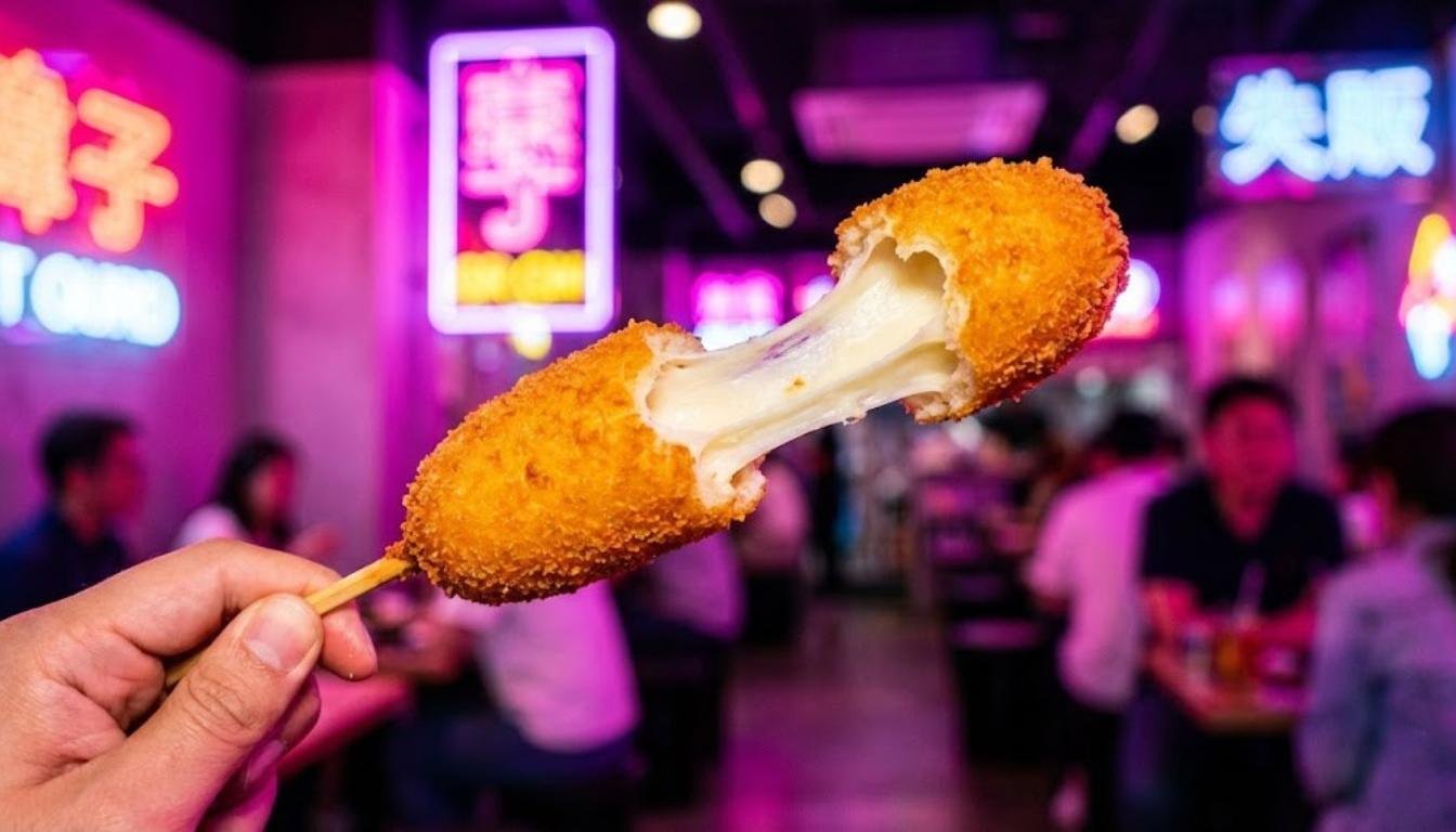 Close-up de um corn dog coreano dourado em um palito, segurado por uma mão, com uma mordida revelando queijo derretido esticando, ao fundo luzes de néon desfocadas em tons rosa e roxo, criando um clima vibrante e urbano.